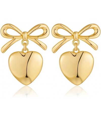 Gold Heart Dangle Earrings For Women Ribbon Bow Dangle Earrings Gold ribbon heart $9.89 Earrings