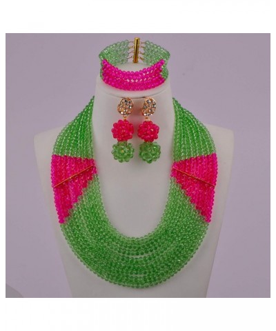 8 Lines Statement Strand Necklaces Nigerian Wedding African Beads Jewelry Set Crystal Bridal Jewelry Sets Light Green Fuchsia...