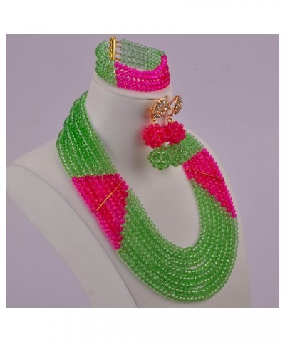 8 Lines Statement Strand Necklaces Nigerian Wedding African Beads Jewelry Set Crystal Bridal Jewelry Sets Light Green Fuchsia...