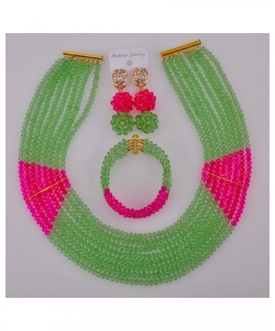 8 Lines Statement Strand Necklaces Nigerian Wedding African Beads Jewelry Set Crystal Bridal Jewelry Sets Light Green Fuchsia...