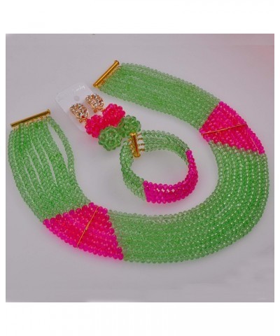 8 Lines Statement Strand Necklaces Nigerian Wedding African Beads Jewelry Set Crystal Bridal Jewelry Sets Light Green Fuchsia...