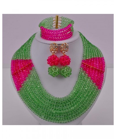 8 Lines Statement Strand Necklaces Nigerian Wedding African Beads Jewelry Set Crystal Bridal Jewelry Sets Light Green Fuchsia...