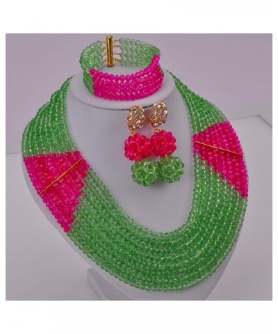 8 Lines Statement Strand Necklaces Nigerian Wedding African Beads Jewelry Set Crystal Bridal Jewelry Sets Light Green Fuchsia...