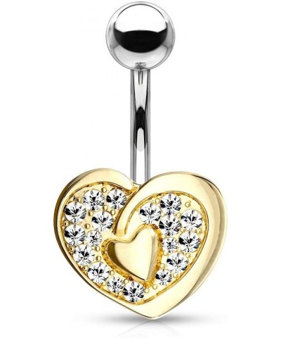 Surgical Steel Fancy Pave CZ Double Heart Belly Button Ring Gold Tone $9.34 Body Jewelry