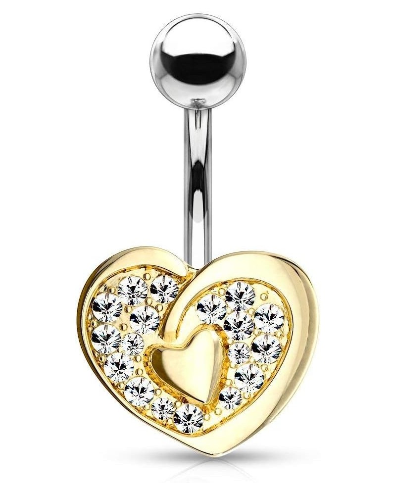 Surgical Steel Fancy Pave CZ Double Heart Belly Button Ring Gold Tone $9.34 Body Jewelry