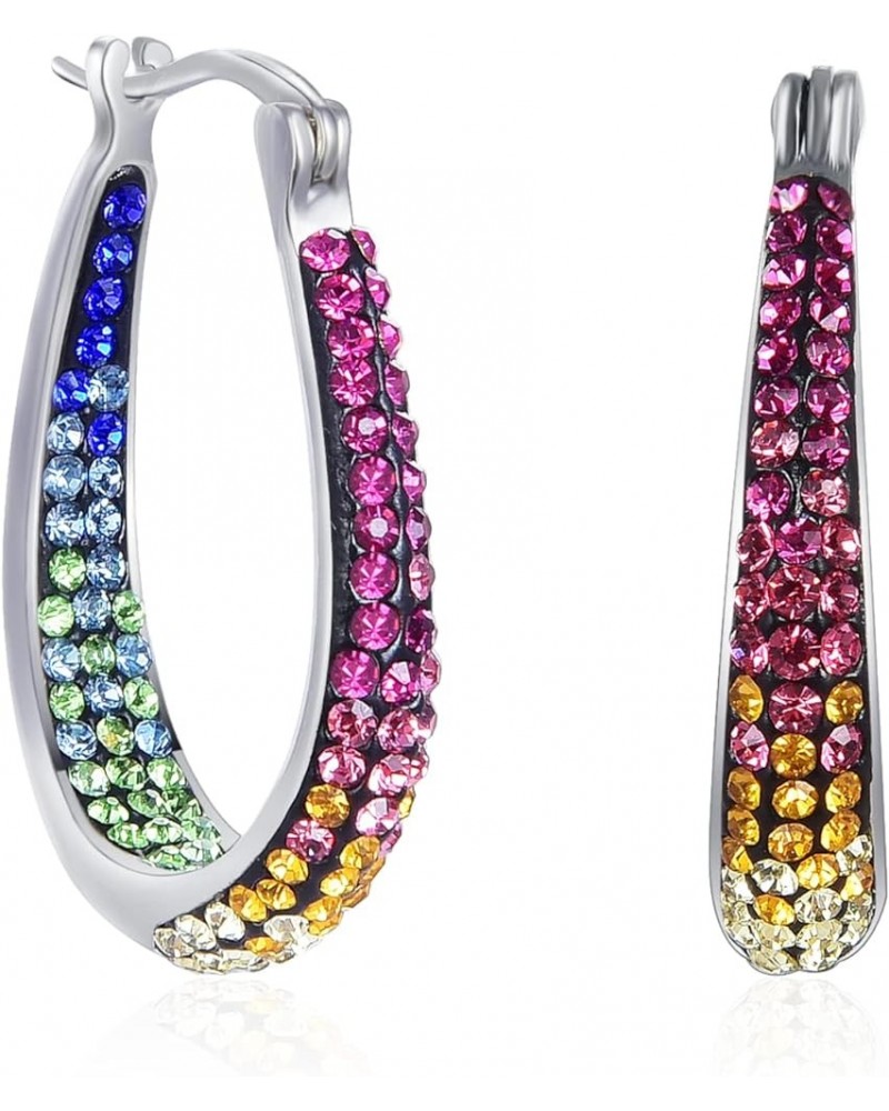 Oval Hoop Earrings, Rhodium Plated Inside Out Crystal Hoop Earrings For Women Fashion Jewelry Rainbow $13.51 Earrings