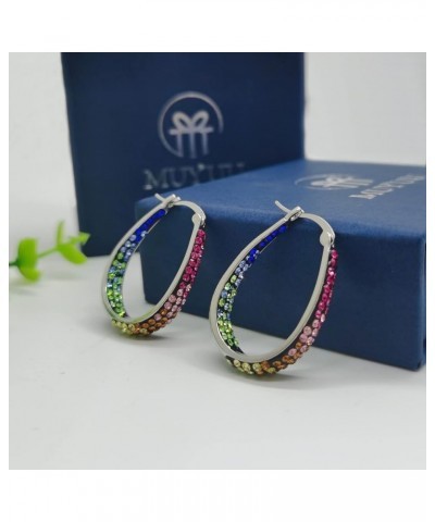 Oval Hoop Earrings, Rhodium Plated Inside Out Crystal Hoop Earrings For Women Fashion Jewelry Rainbow $13.51 Earrings